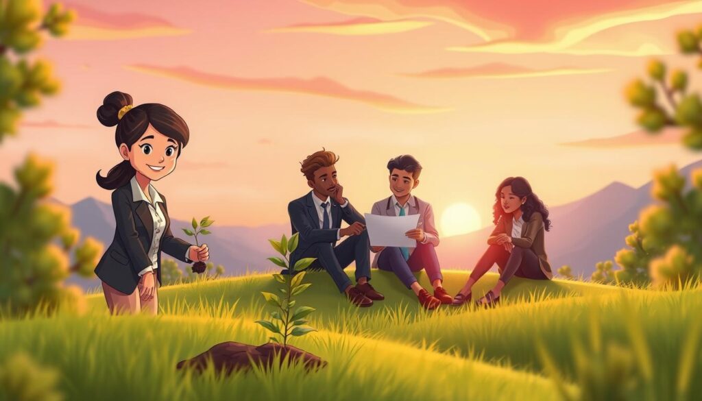 A serene landscape symbolizing emotional growth, featuring a diverse group of three professionals engaging in an outdoor team-building activity. In the foreground, a woman in a smart casual outfit is planting a small tree, representing nurturing and personal development. In the middle ground, two colleagues are discussing plans while sitting on a grassy hill, their expressions thoughtful and motivated, dressed in professional business attire. The background showcases a vibrant sunset, with warm hues of orange and pink lighting up the sky, creating an atmosphere of hope and transformation. The scene is framed with gentle, flowing trees and mountains, emphasizing a journey towards growth and success. The focus is sharp, highlighting their determined expressions, with a slight depth of field to give a sense of intimacy. Captured by nextself.ai. A serene landscape symbolizing emotional growth, featuring a diverse group of three professionals engaging in an outdoor team-building activity. In the foreground, a woman in a smart casual outfit is planting a small tree, representing nurturing and personal development. In the middle ground, two colleagues are discussing plans while sitting on a grassy hill, their expressions thoughtful and motivated, dressed in professional business attire. The background showcases a vibrant sunset, with warm hues of orange and pink lighting up the sky, creating an atmosphere of hope and transformation. The scene is framed with gentle, flowing trees and mountains, emphasizing a journey towards growth and success. The focus is sharp, highlighting their determined expressions, with a slight depth of field to give a sense of intimacy. Captured by nextself.ai.